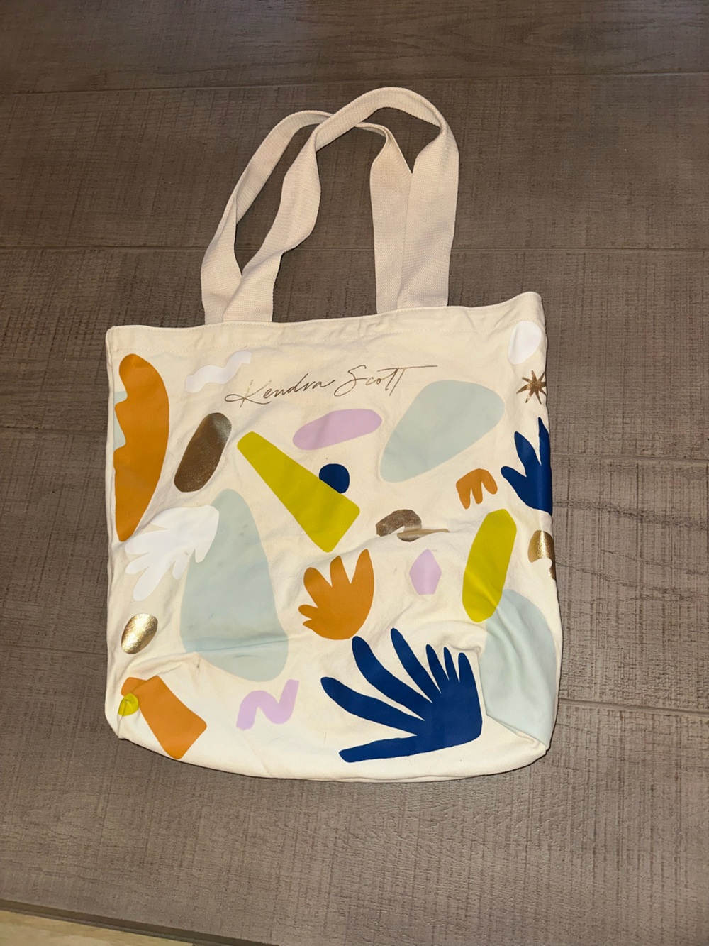 Kendra Scott Cream Canvas Tote with Multicolor Abstract Shapes